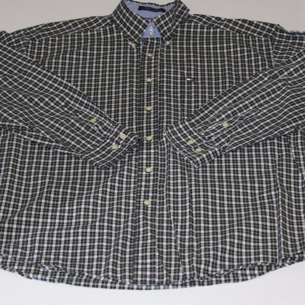 VTG Tommy Hilfiger XL 90's Big Flag Logo Green Yellow Check Oxford Dress Shirt - Picture 11 of 11